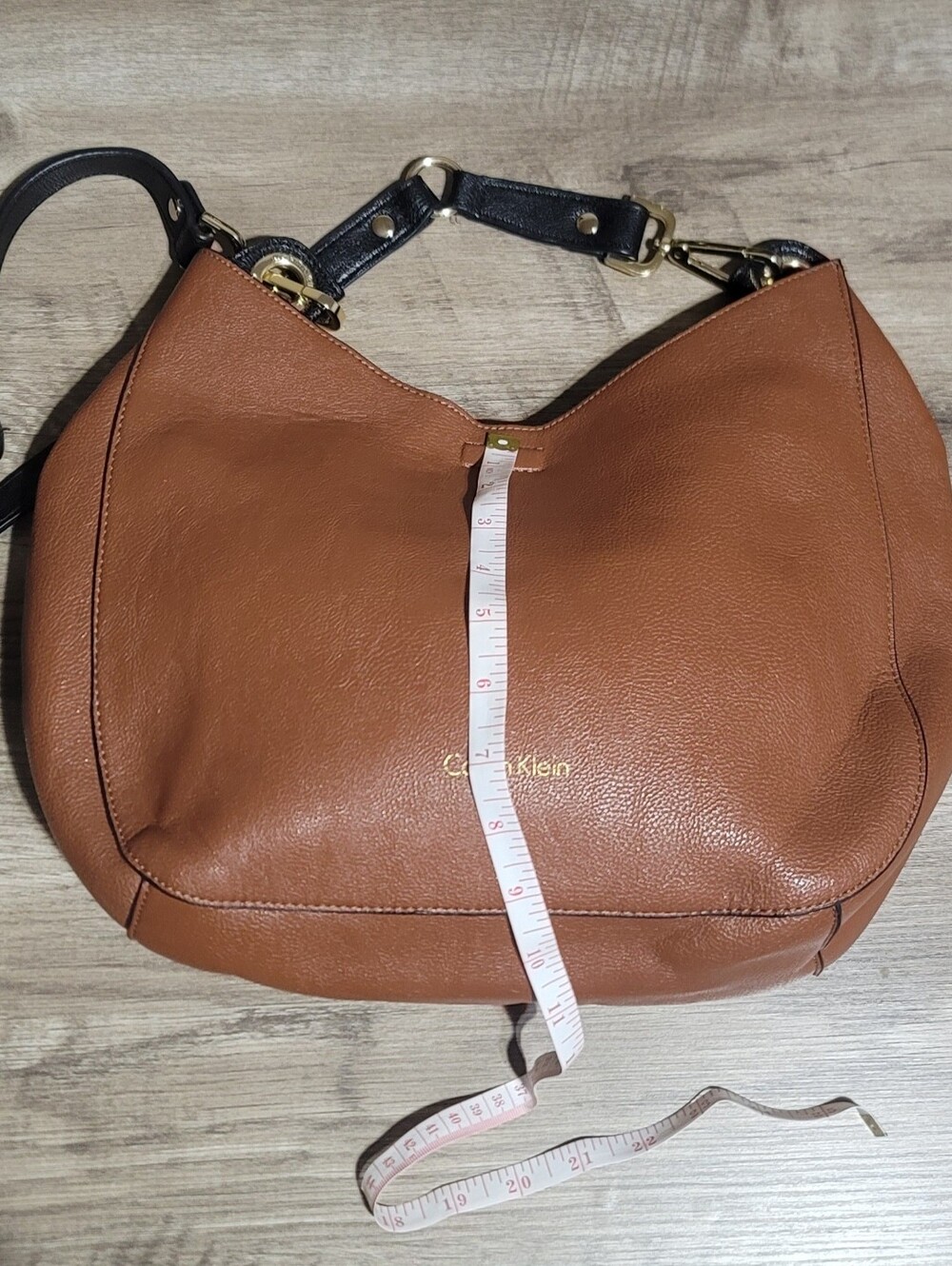 Calvin Klein Brown Leather Shoulder Hobo with Black Strap Accents